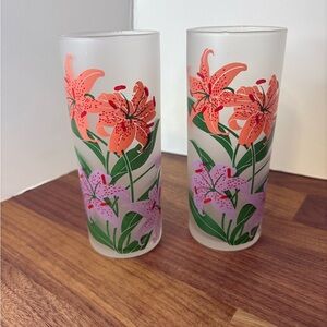 Glass Tumbler Frosted Flowers Set of 2- Purple and Salmon Flowers